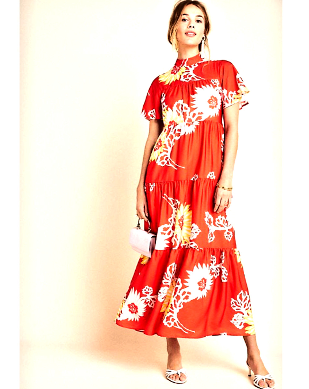 Anthropologie Corey Lynn Calter Giana Red Floral Tiered Maxi Dress Size M